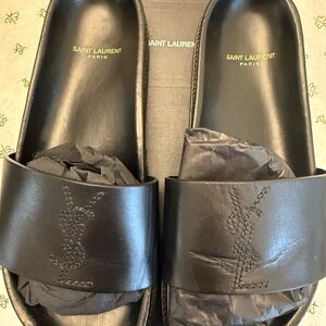 Saint Laurent Black Leather Slide Sandals